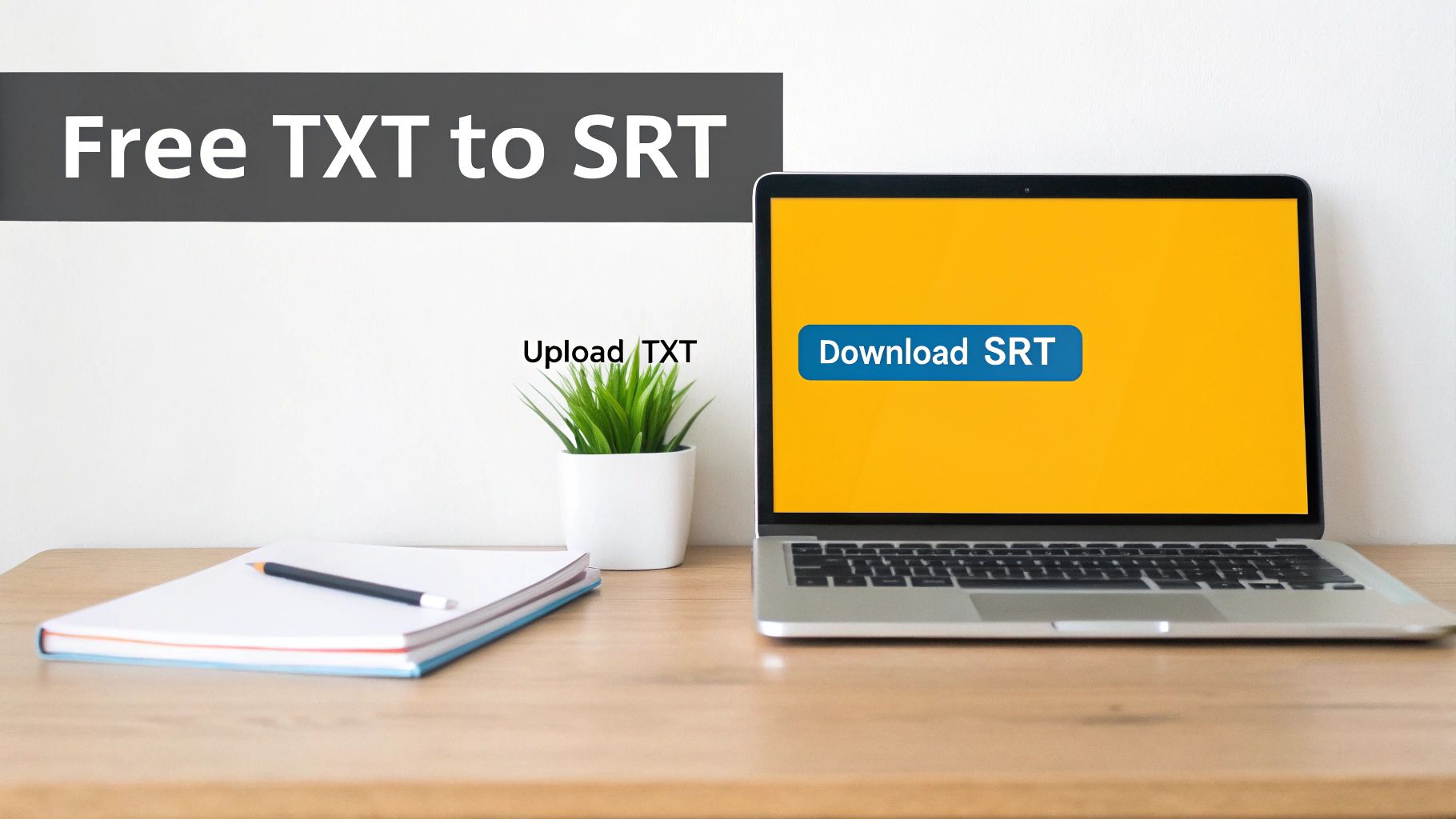 A laptop on a desk displaying 'Upload TXT' and 'Download SRT' for free subtitle conversion.