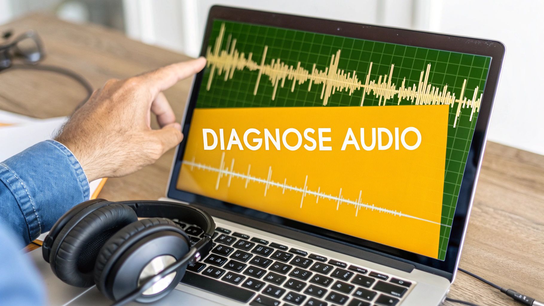 A person pointing at a laptop screen showing audio waveforms and 'DIAGNOSE AUDIO' text, with headphones nearby.
