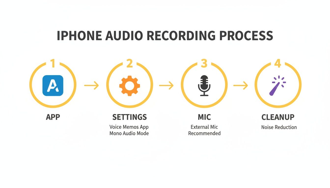 A four-step iPhone audio recording process flowchart with icons for app, settings, mic, and cleanup.