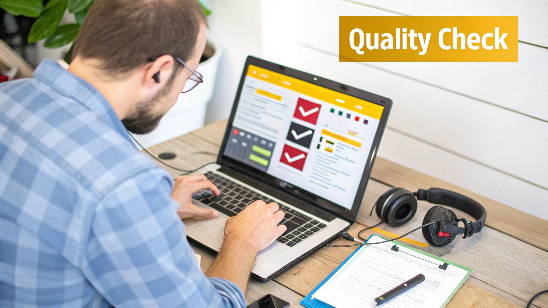 A man in a blue plaid shirt and glasses working on a laptop, performing a quality check.