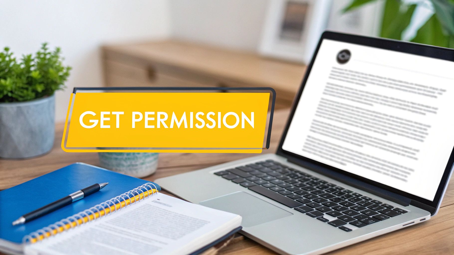 A desk with a laptop, notebooks, and a plant. A yellow sign prominently displays 'GET PERMISSION'.