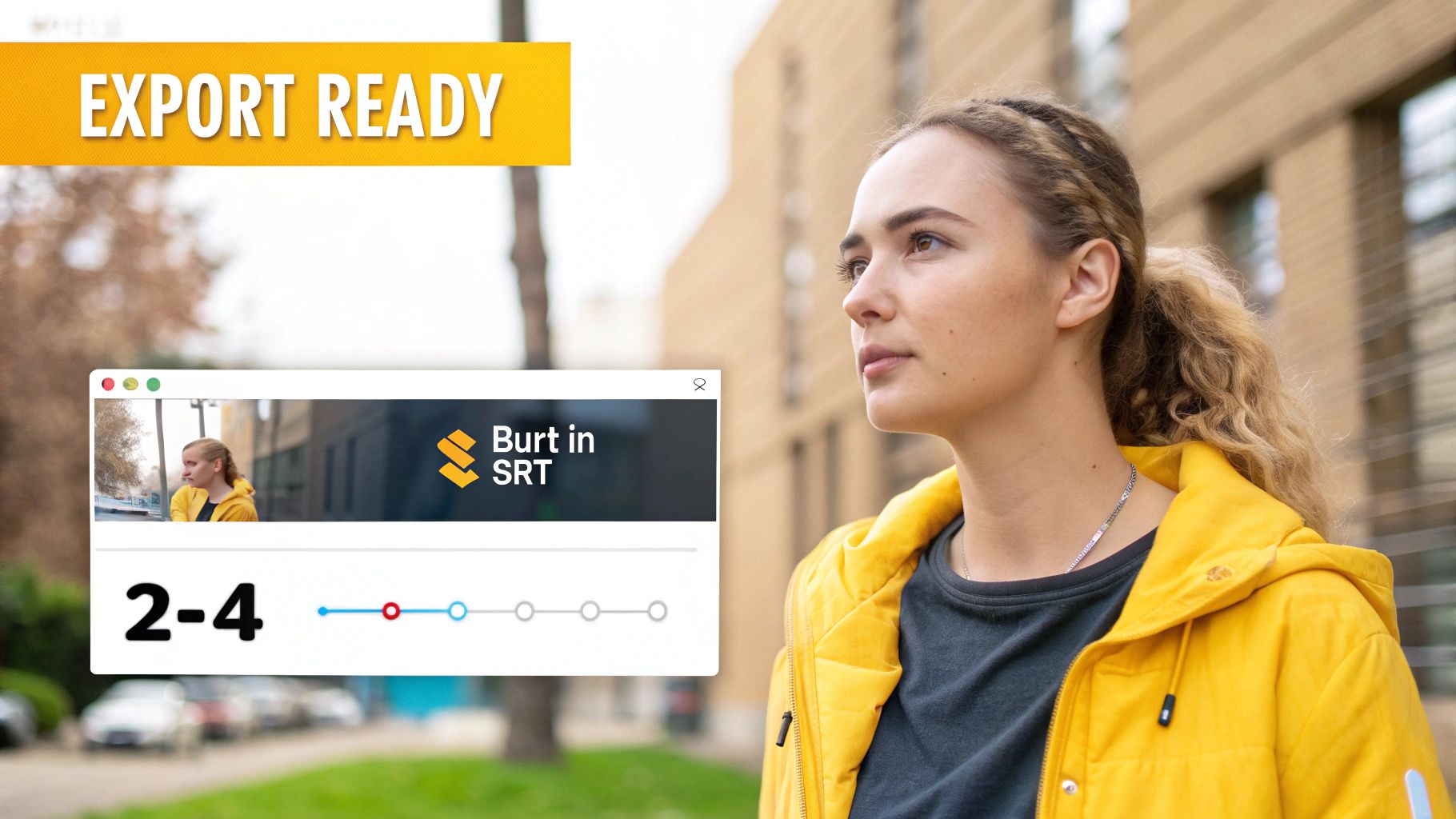 A woman in a yellow jacket outdoors, with a graphic overlay displaying 'EXPORT READY' and a video editing interface showing 'Burt in SRT' and a progress bar.