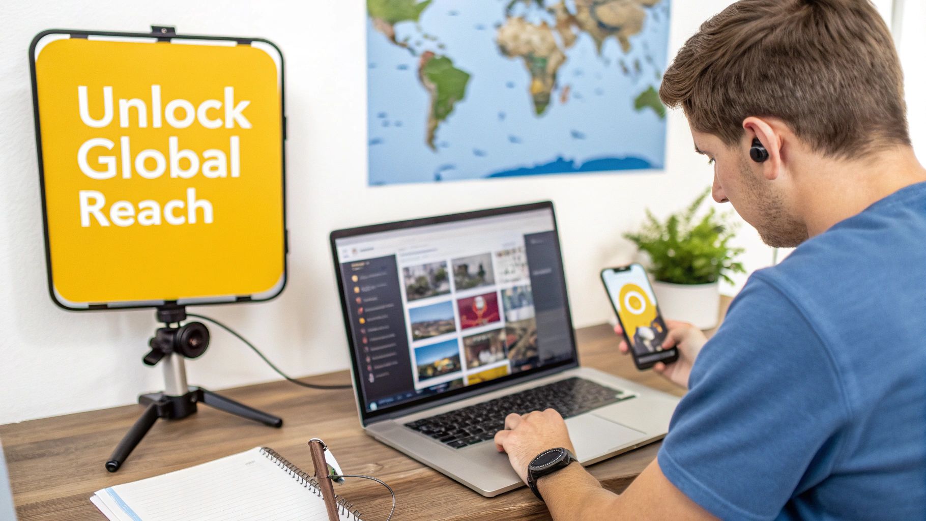 A man uses a laptop and phone at a desk, next to a sign saying 'Unlock Global Reach'.