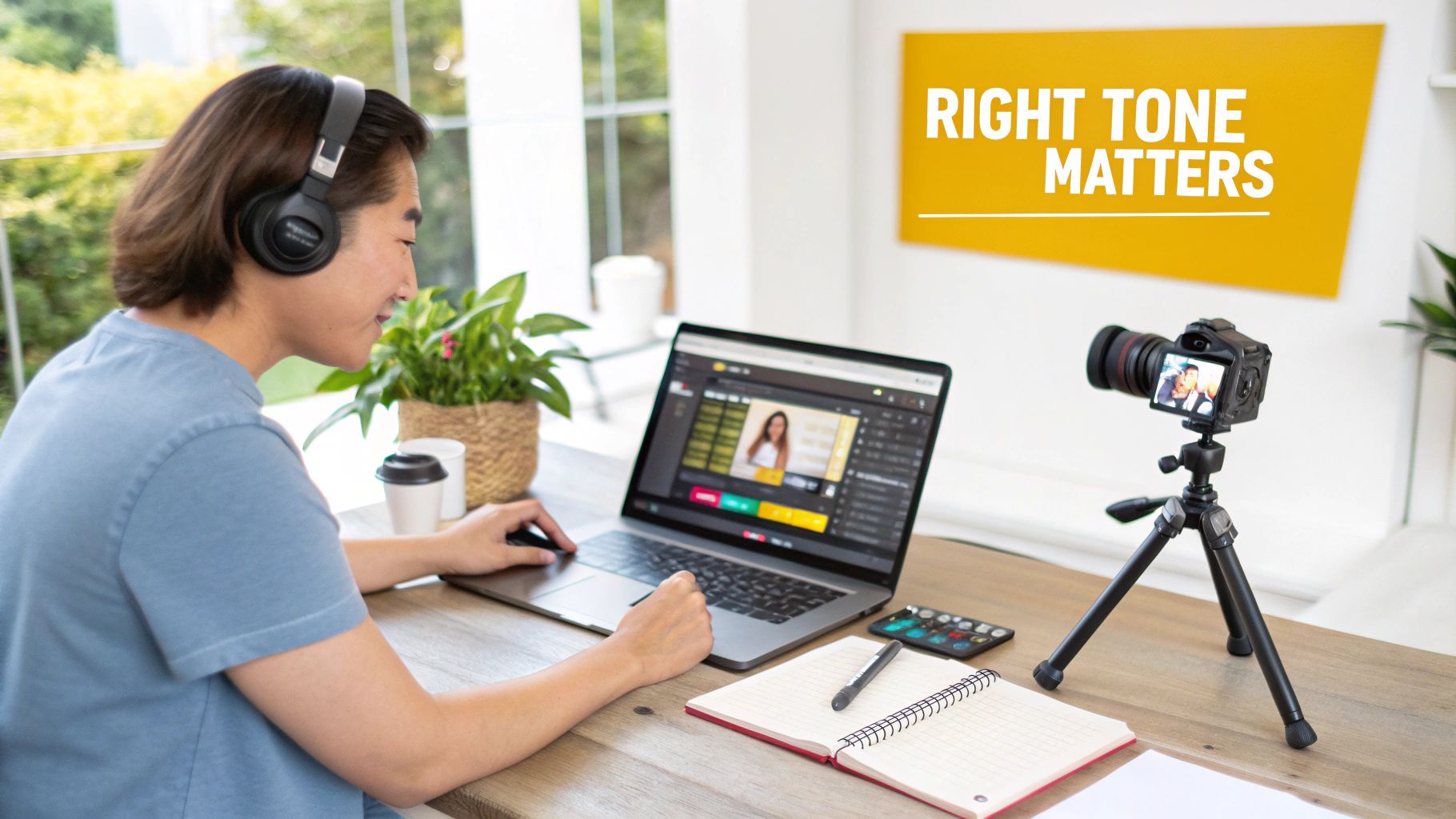 Person wearing headphones editing a video on a laptop, with a camera, notebook, and 'RIGHT TONE MATTERS' sign.
