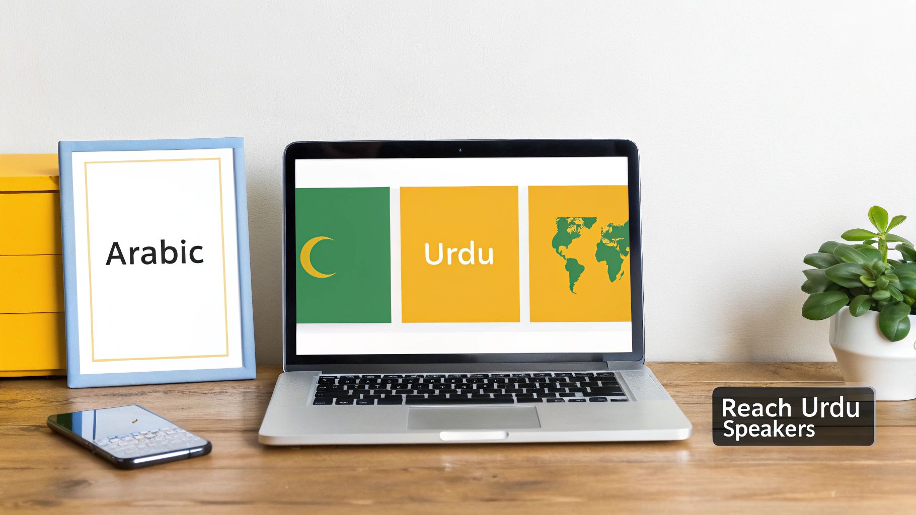 A laptop displaying 'Urdu' and a framed picture of 'Arabic' on a desk, highlighting language translation.