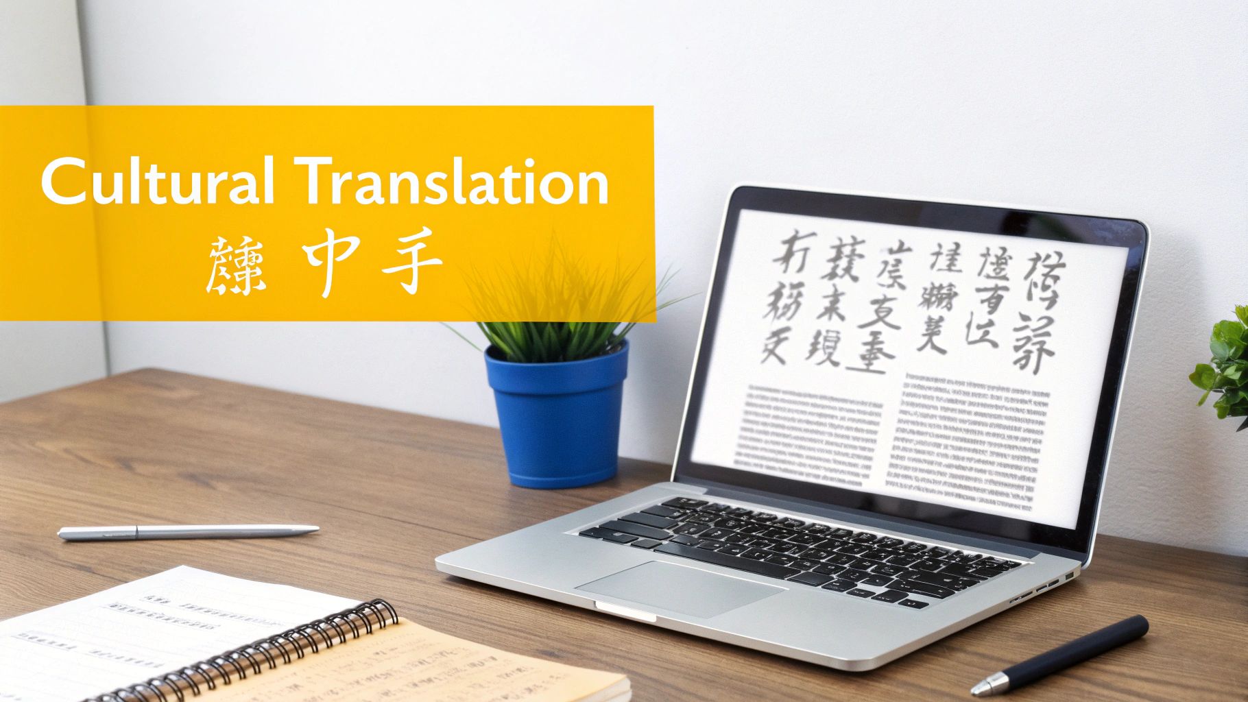 A wooden desk with a laptop displaying Chinese characters and English text, a notebook, and pens, representing cultural translation.