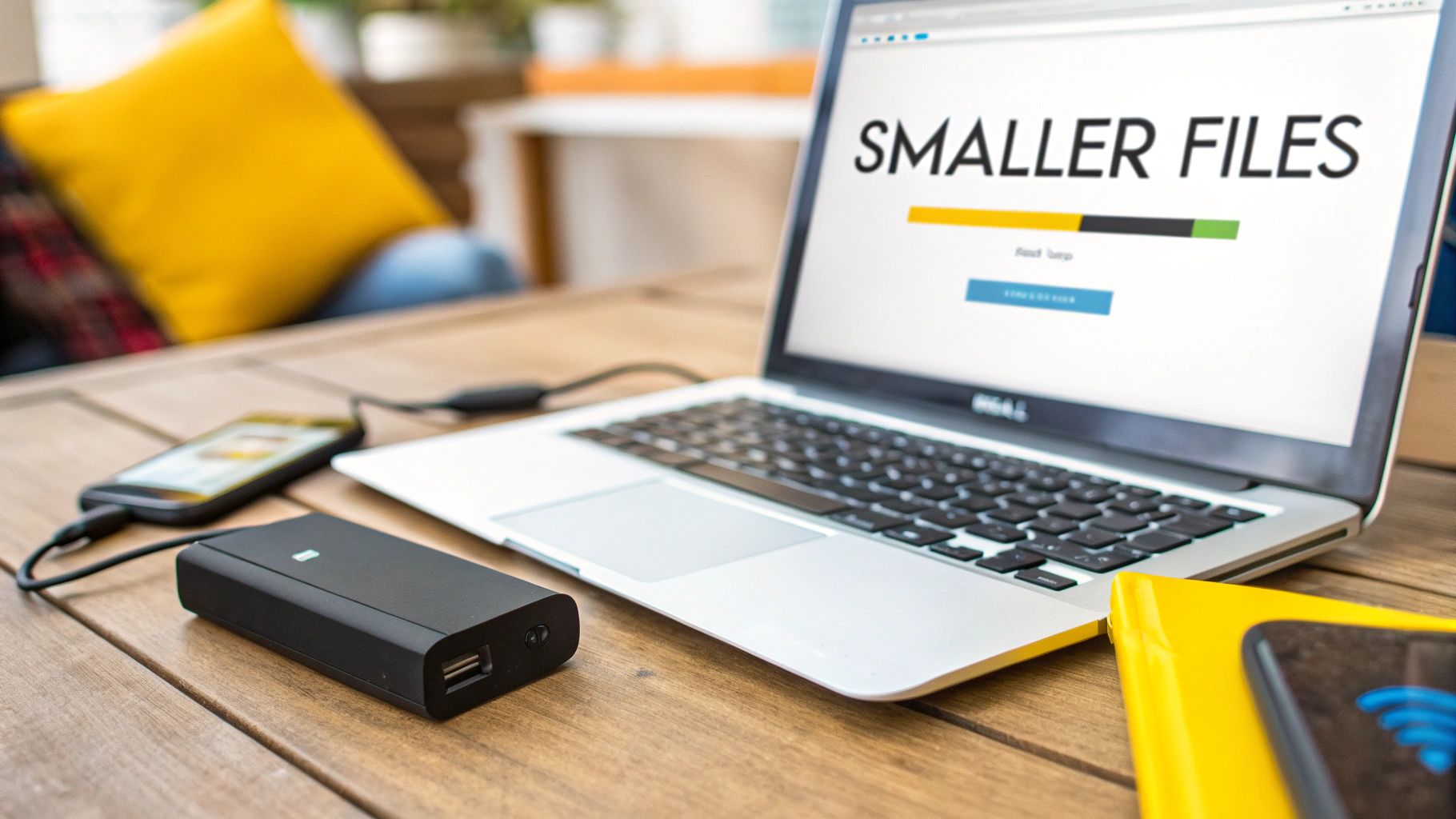 A laptop displays 'SMALLER FILES' on screen with a progress bar, next to a smartphone charging from a power bank.