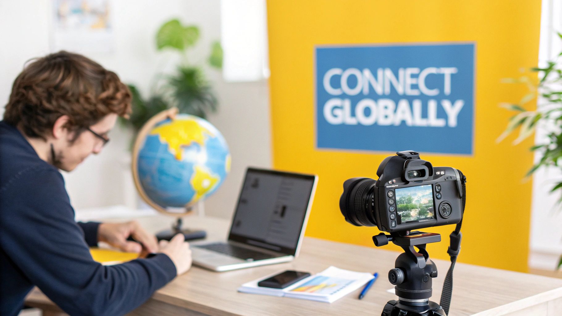 A man sits at a desk with a laptop, globe, and camera, filming in front of a 'CONNECT GLOBALLY' banner.