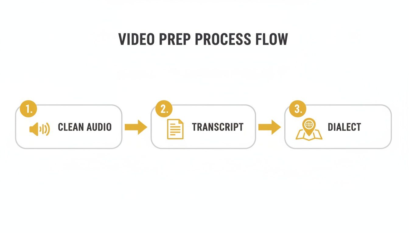 Flowchart illustrating the video preparation process, including cleaning audio, generating transcripts, and selecting dialect.