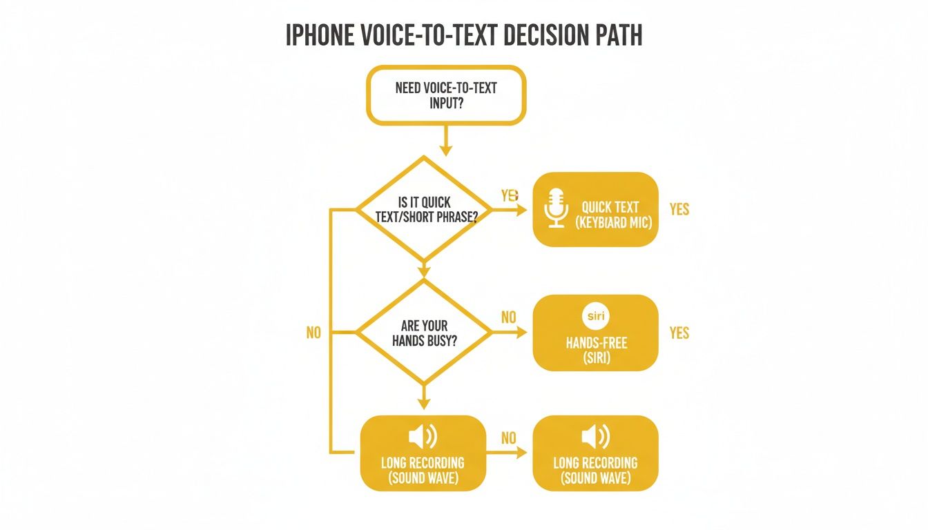 Flowchart detailing the iPhone voice-to-text decision path, guiding users through options like Quick Text, Siri, and Long Recording.