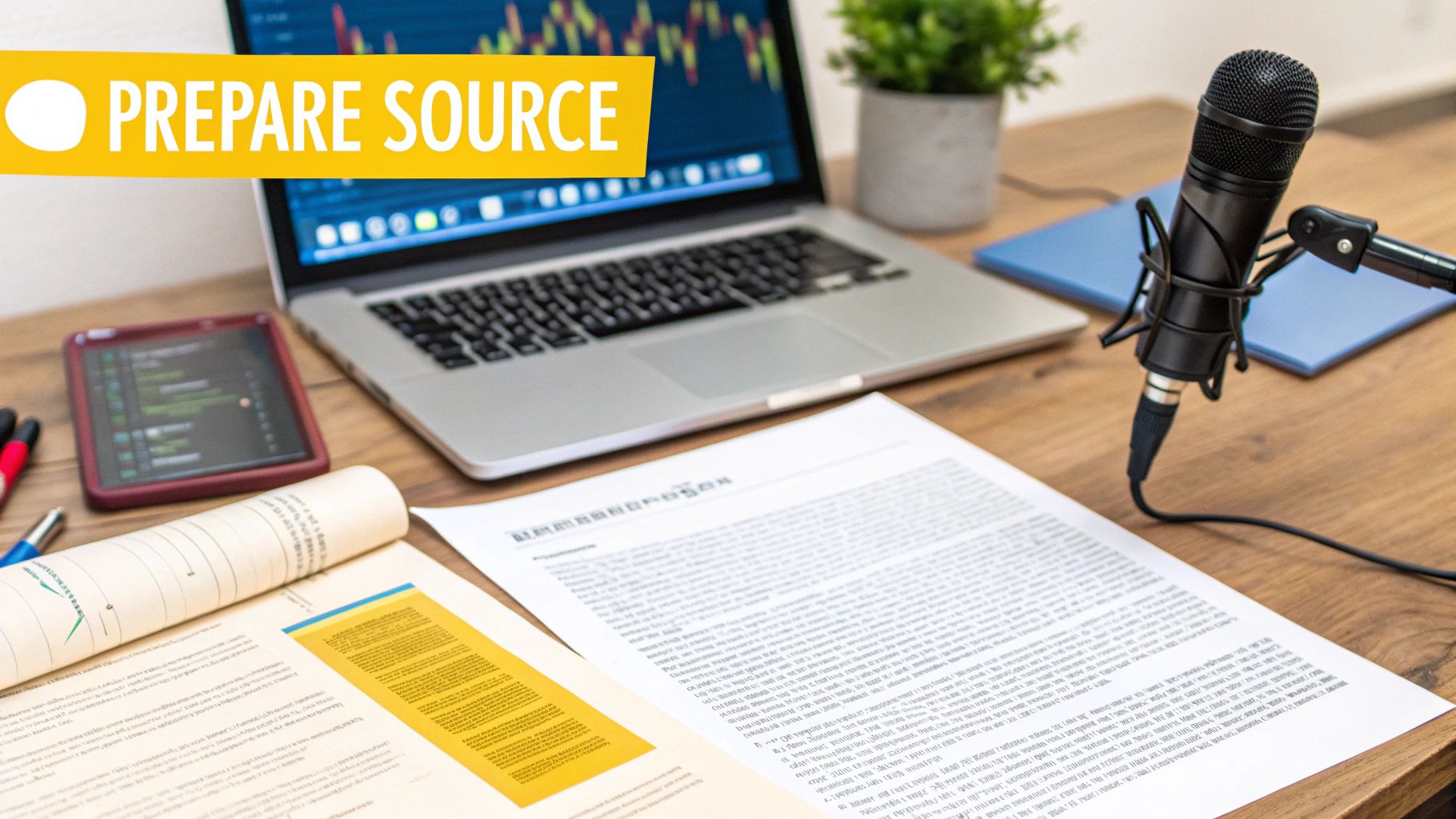 A desk with a laptop showing charts, a microphone, documents, a tablet, and a plant.