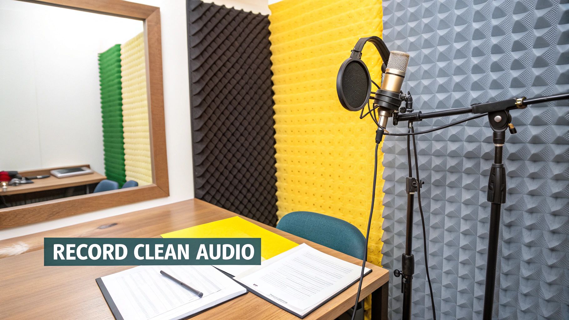 A recording studio with a microphone, headphones, desk, and colorful soundproofing panels for clean audio.