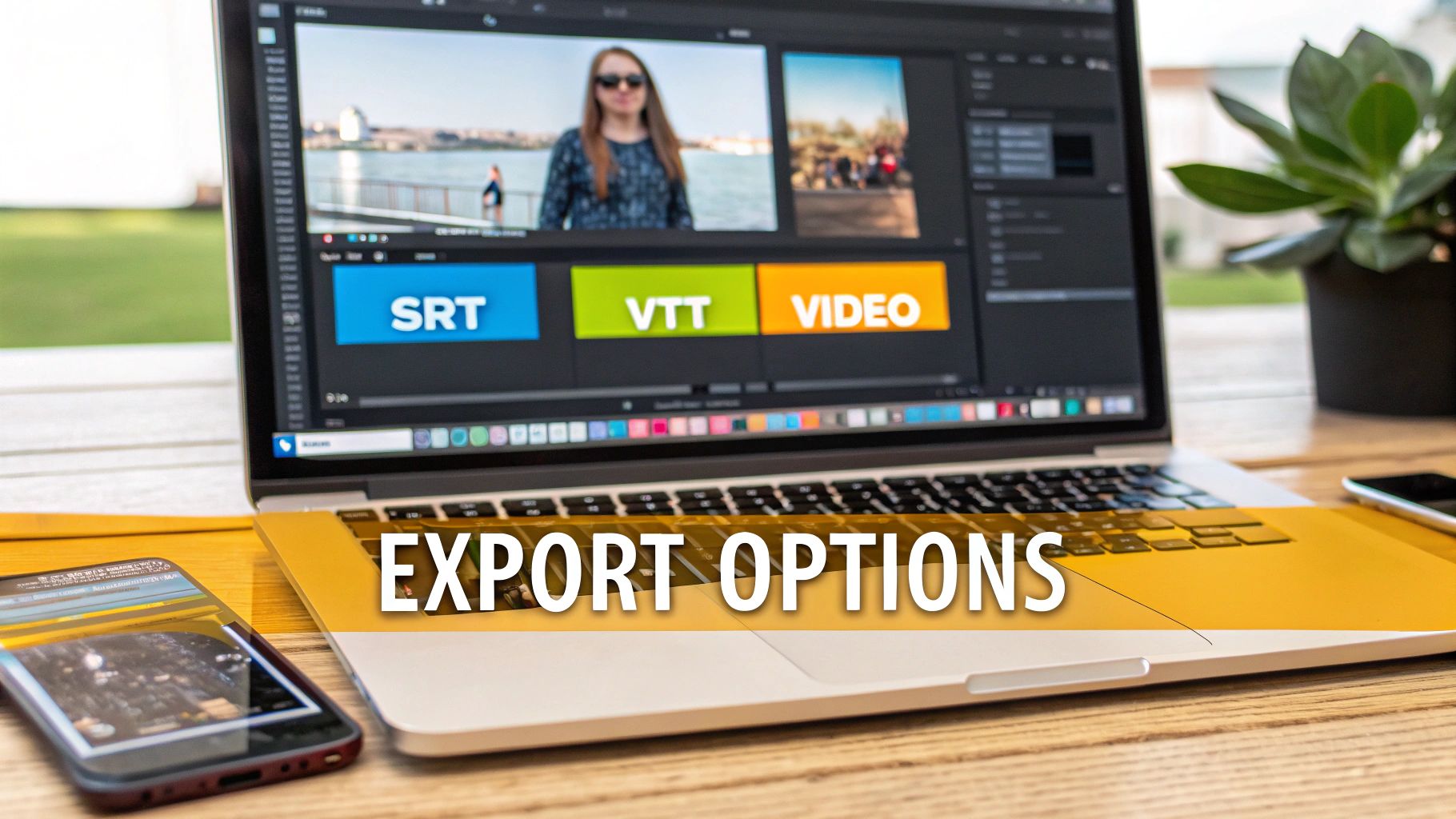 A laptop screen shows video editing software with export options for SRT, VTT, and VIDEO files.