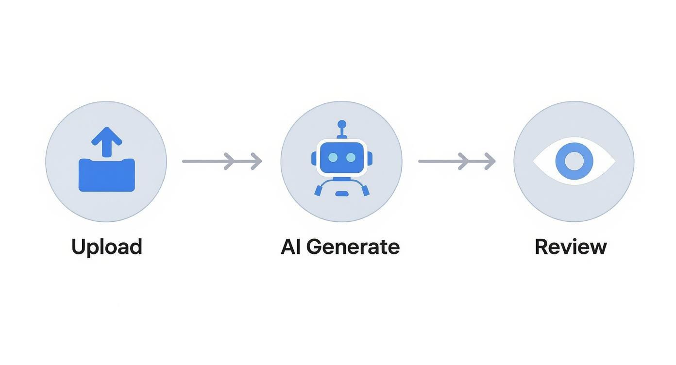 A three-step process diagram illustrating content upload, AI generation, and user review.