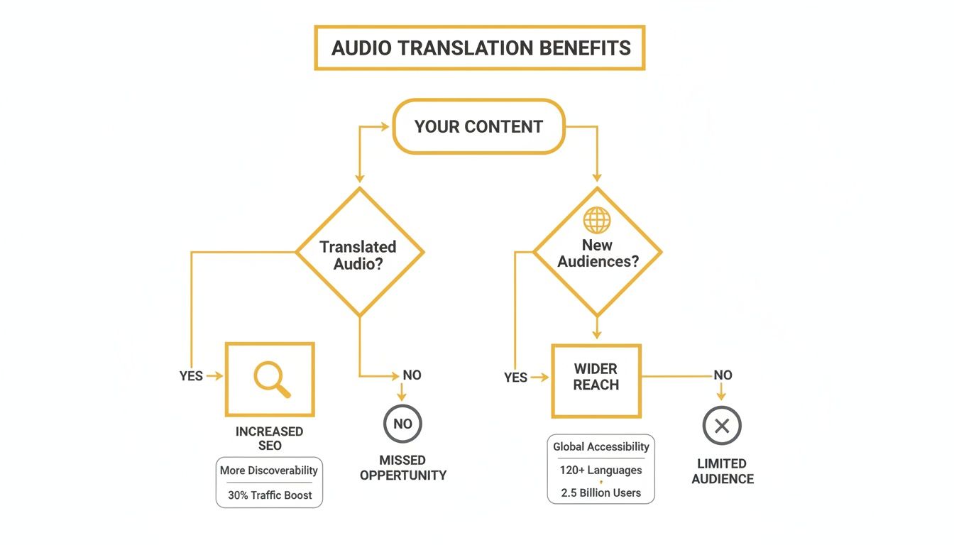 Flowchart illustrating audio translation benefits for content, leading to increased SEO and wider global reach.