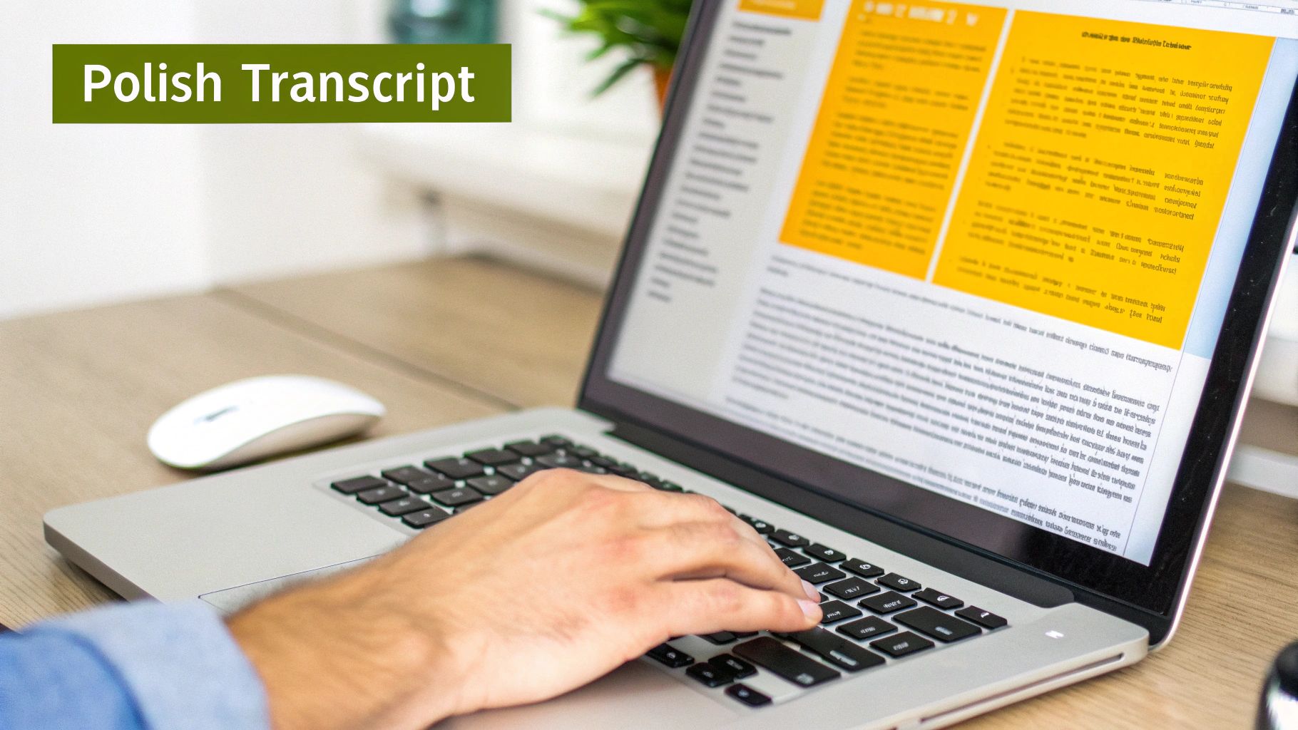 A person typing on a laptop with a document titled 'Polish Transcript' on screen, alongside a white mouse.