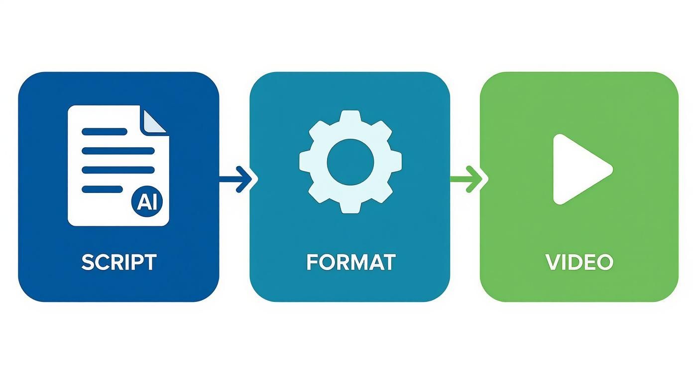 Flowchart illustrating an AI-powered script-to-video creation process, showing Script, Format, and Video steps.