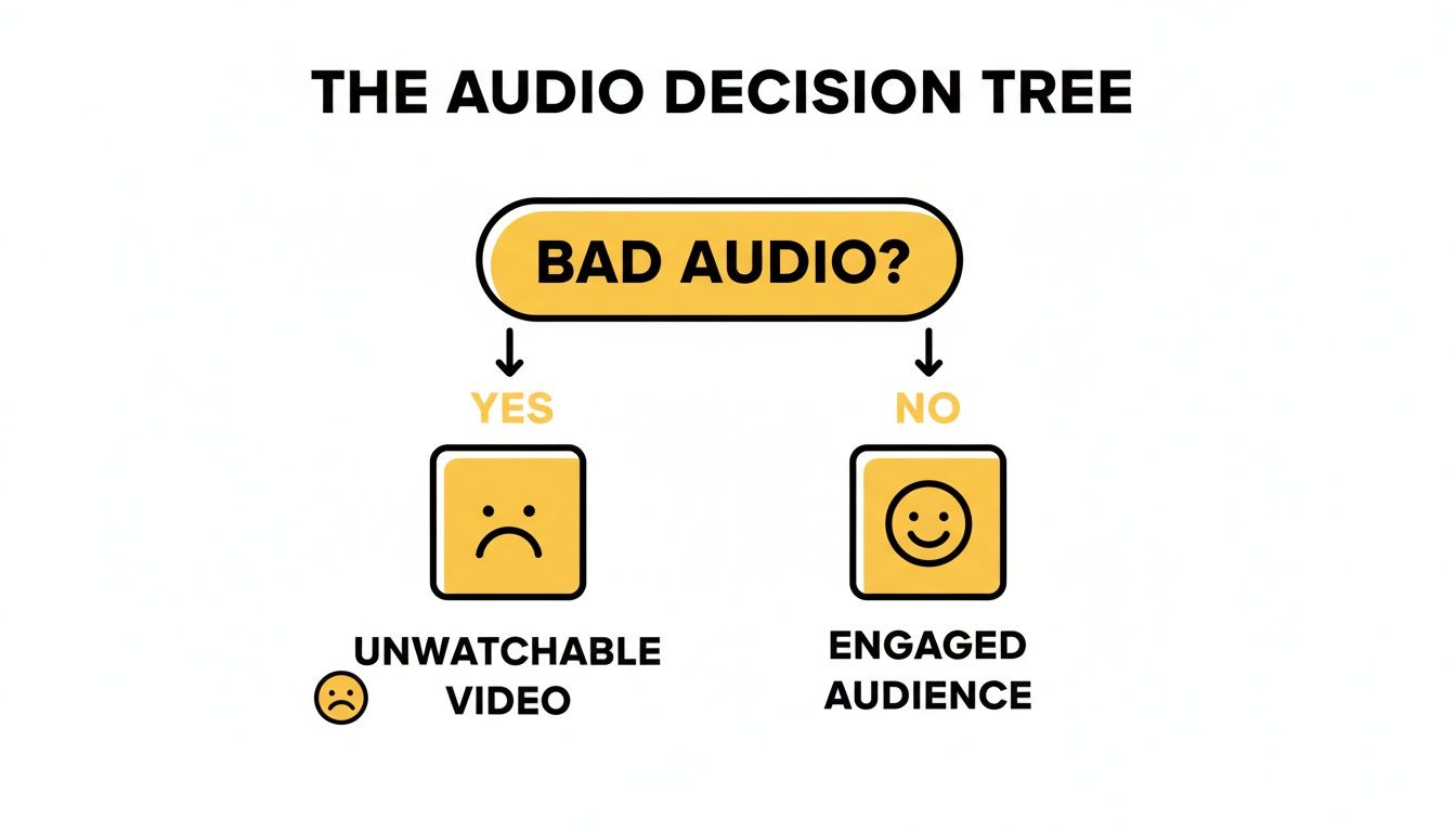 A decision tree flowchart illustrating how bad audio leads to unwatchable video, while good audio creates an engaged audience.