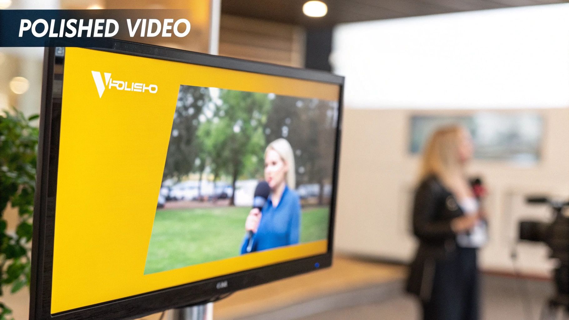 A monitor displays a news reporter with a microphone, showcasing polished video content, with a woman in the background.