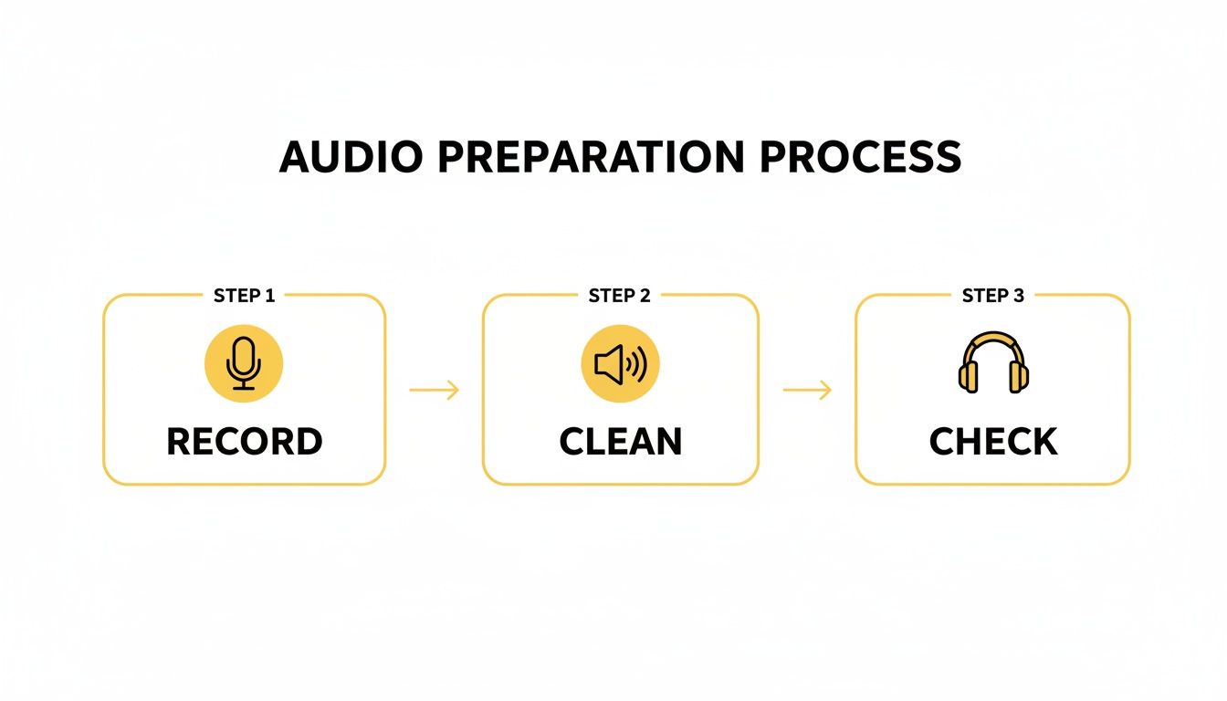 Infographic showing a three-step audio preparation process with icons for record, clean, and check.