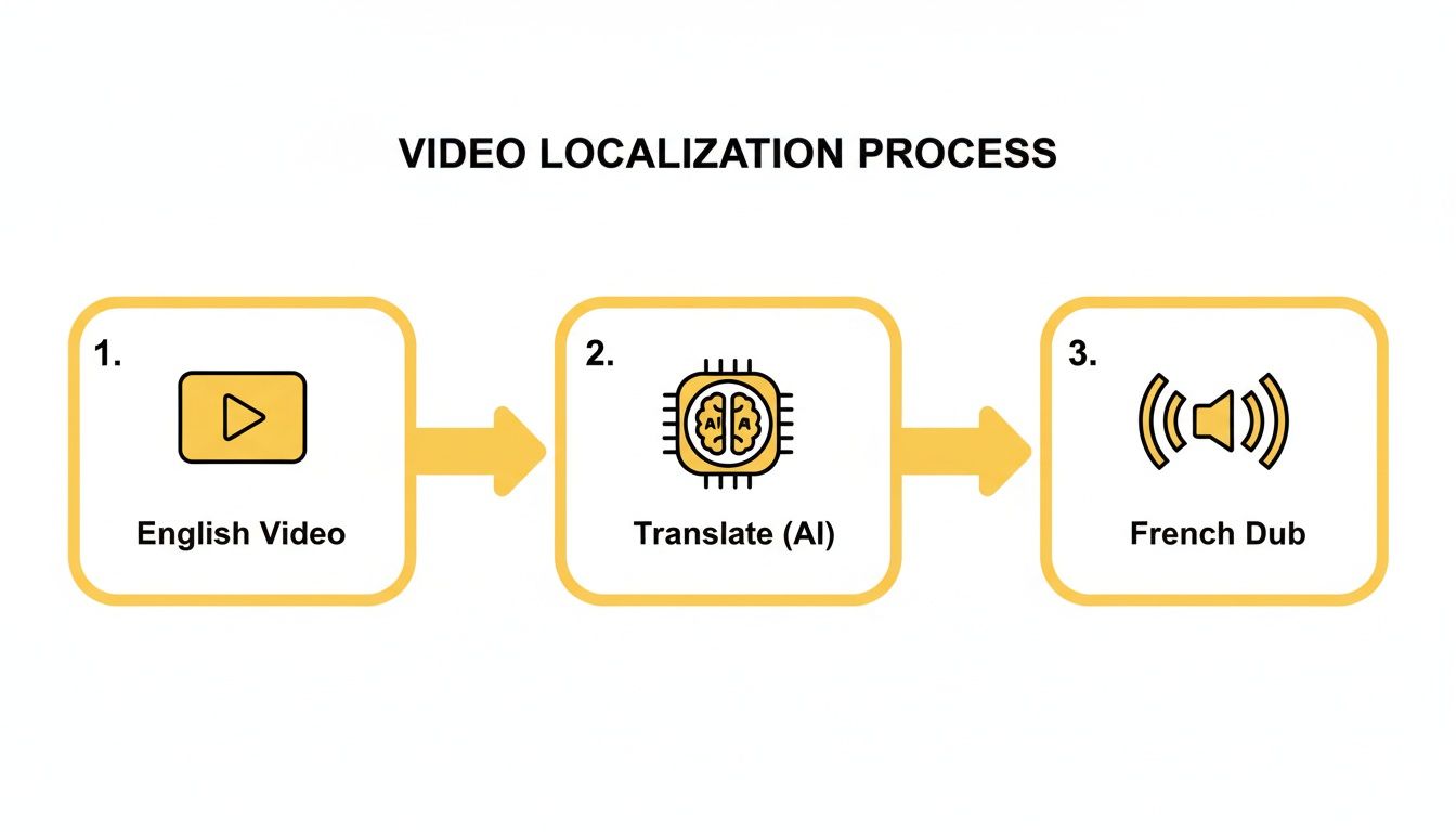 A diagram illustrating the video localization process: English video to AI translation, resulting in a French dub.