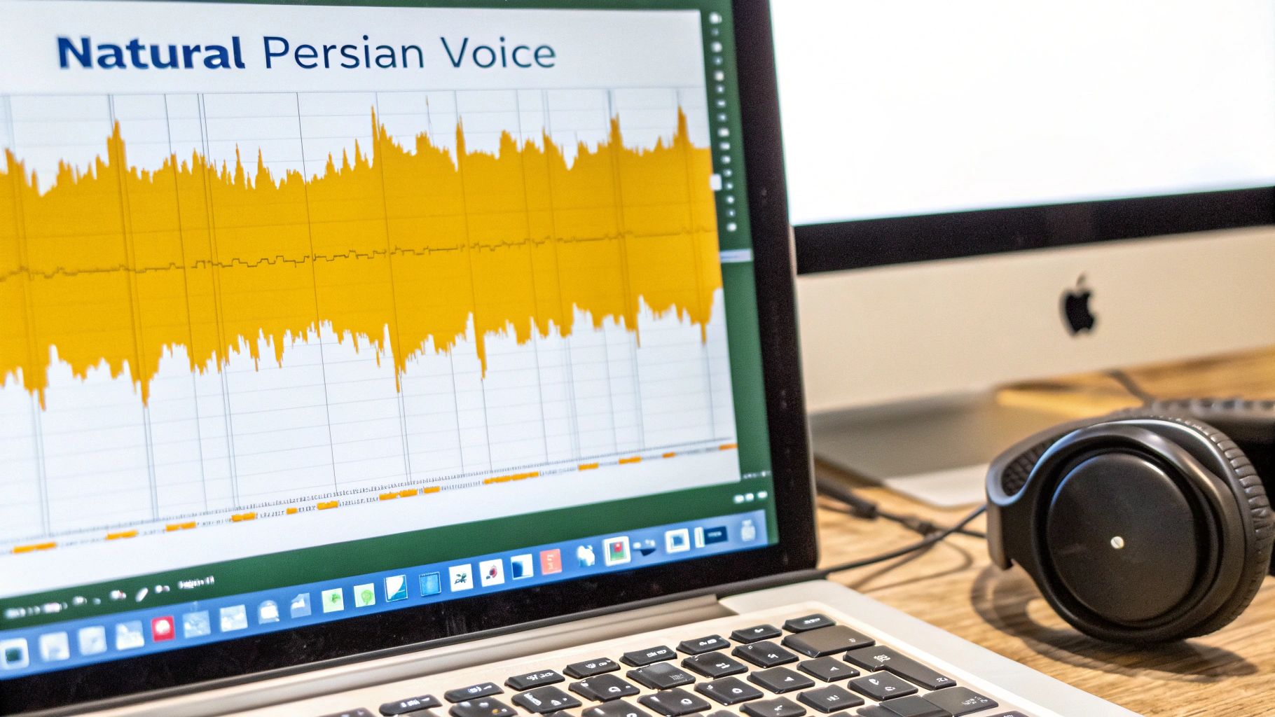A laptop screen displays a “Natural Persian Voice” waveform graph with headphones and an iMac.