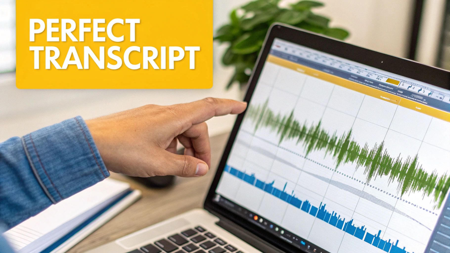 A person's hand points at a laptop screen displaying audio waveforms for a perfect transcript.