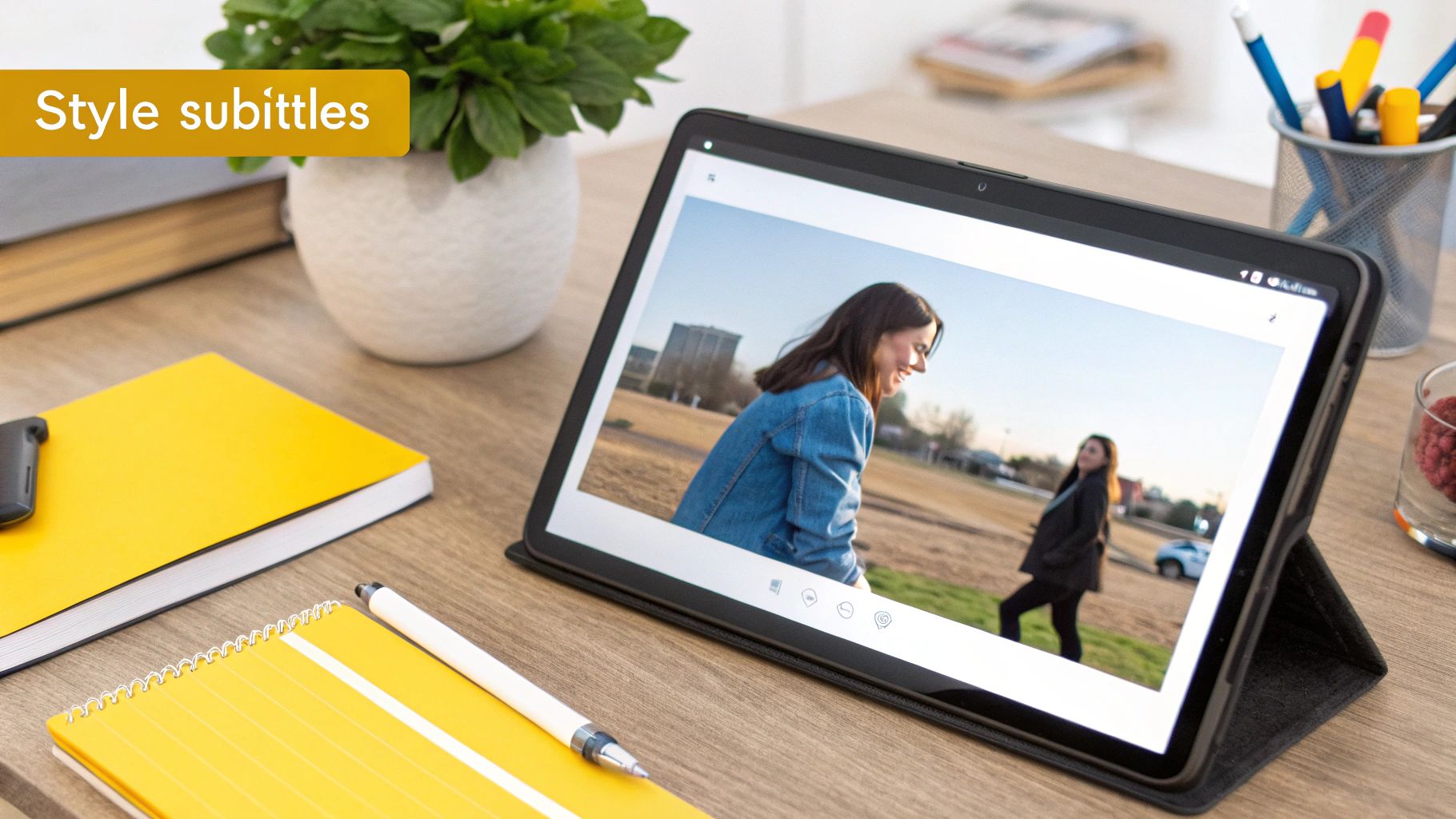 A tablet on a wooden desk displaying a video of two women, surrounded by notebooks and office supplies.
