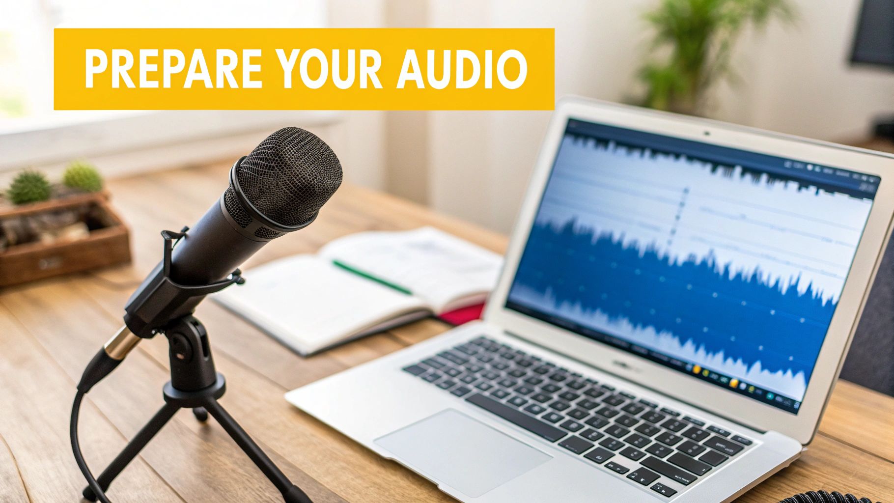 A microphone and laptop on a wooden desk with audio waveforms on screen and 'PREPARE YOUR AUDIO' text.