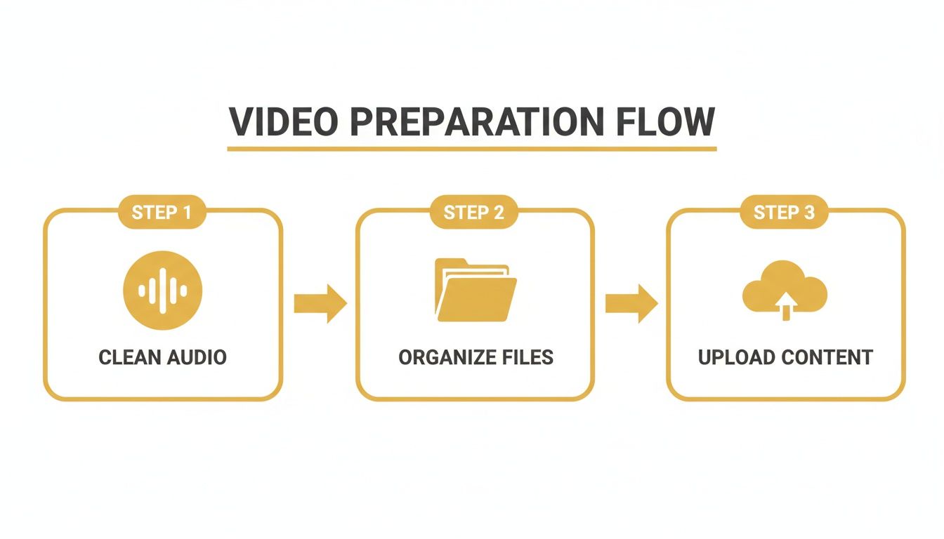 A three-step video preparation flow: clean audio, organize files, and upload content to the cloud.