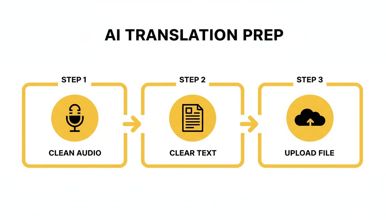A three-step diagram illustrating AI translation preparation: clean audio, clear text, and upload file.