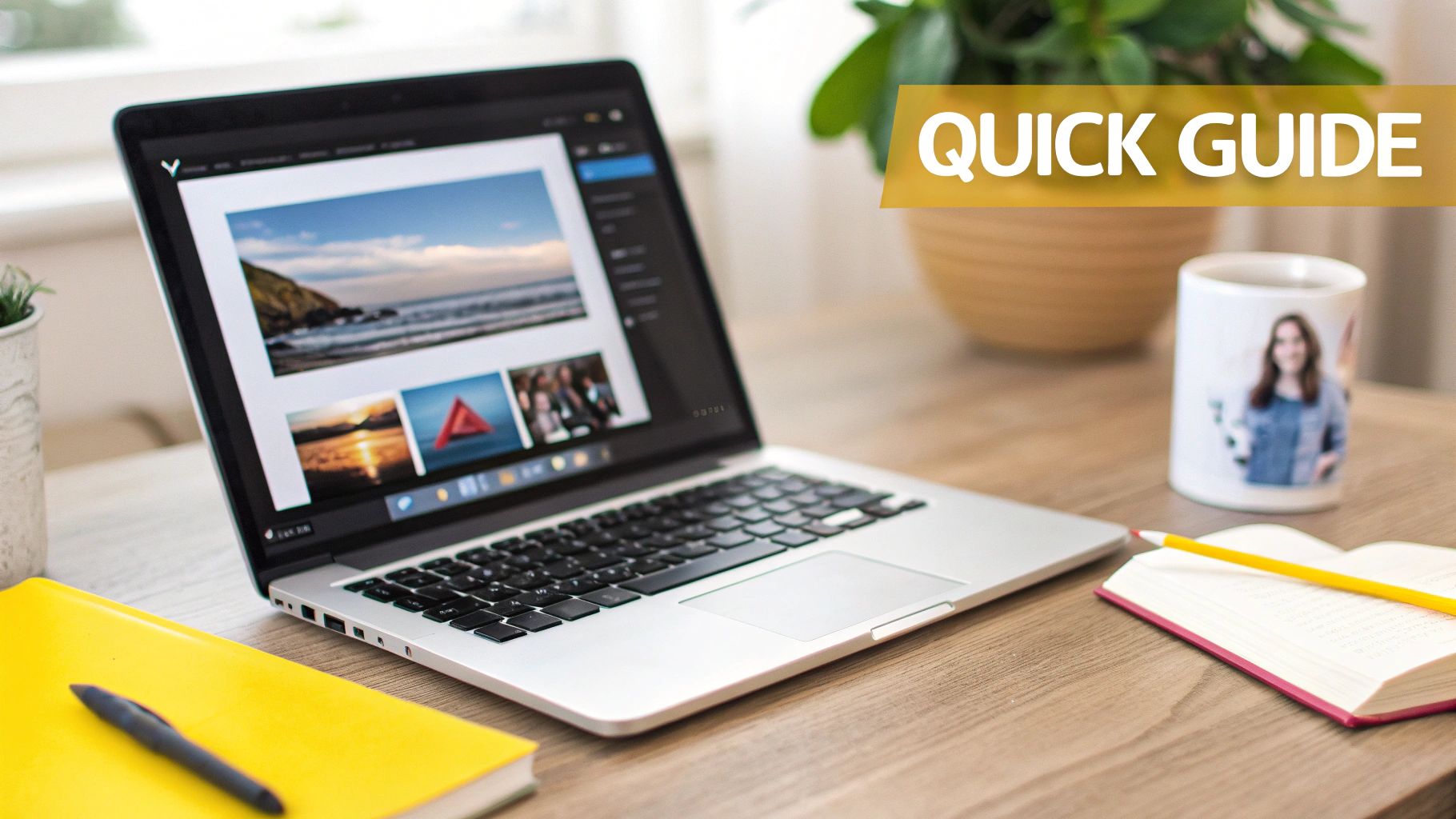 A laptop displaying images on a wooden desk with a yellow notebook, pen, and coffee mug.
