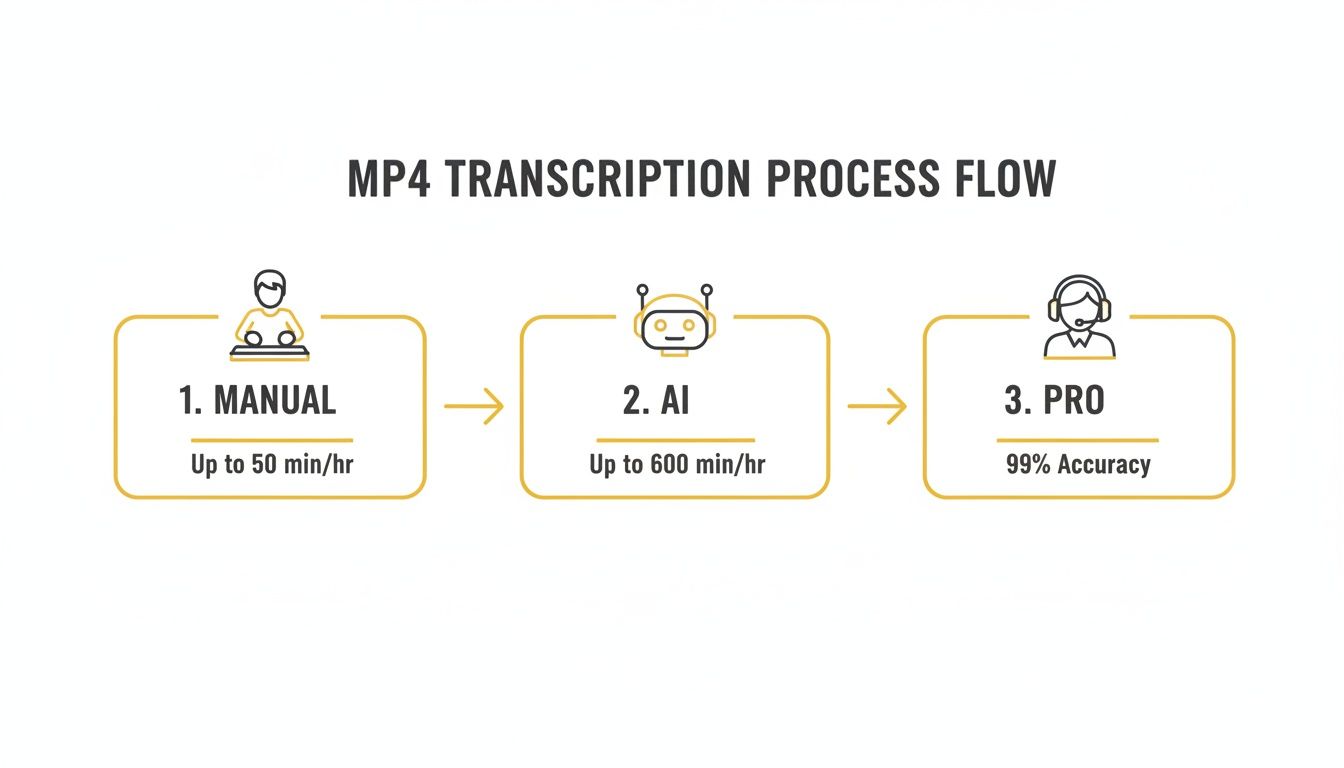 MP4 transcription process flow diagram illustrating manual, AI, and professional steps with speeds and accuracy.