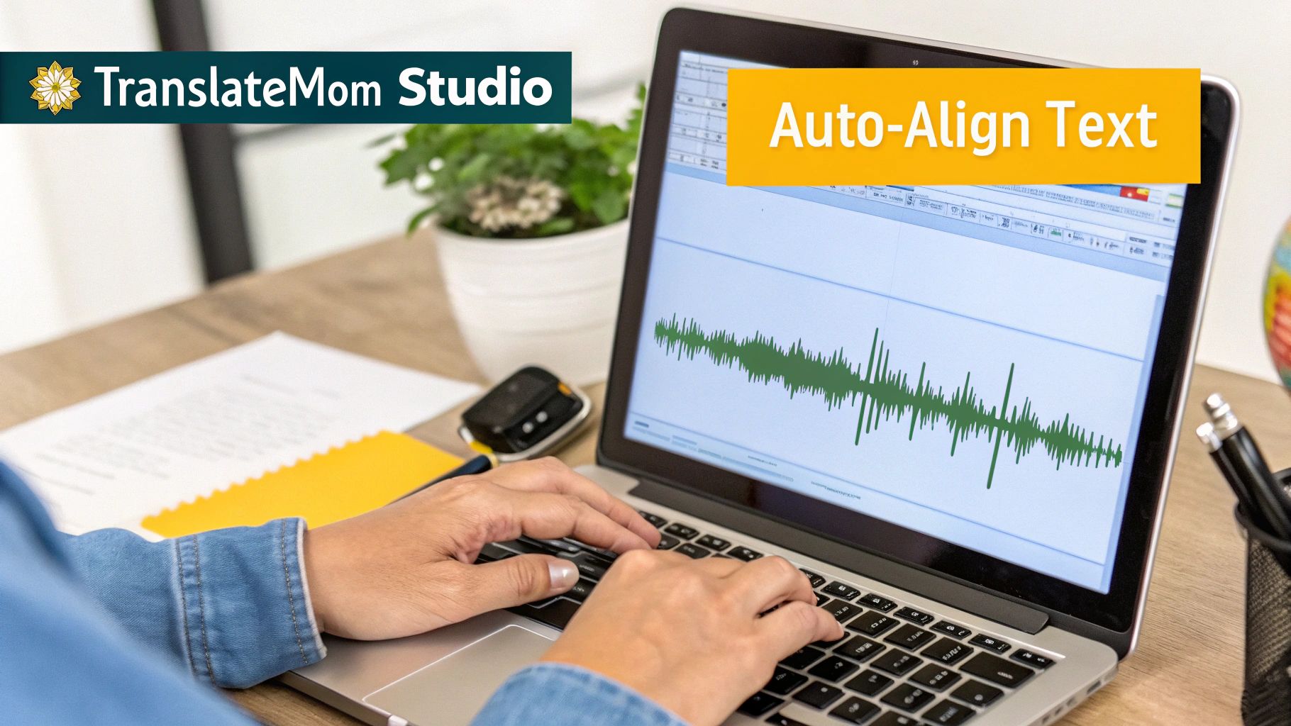 Person typing on a laptop displaying a waveform and 'Auto-Align Text' for translation workflow.