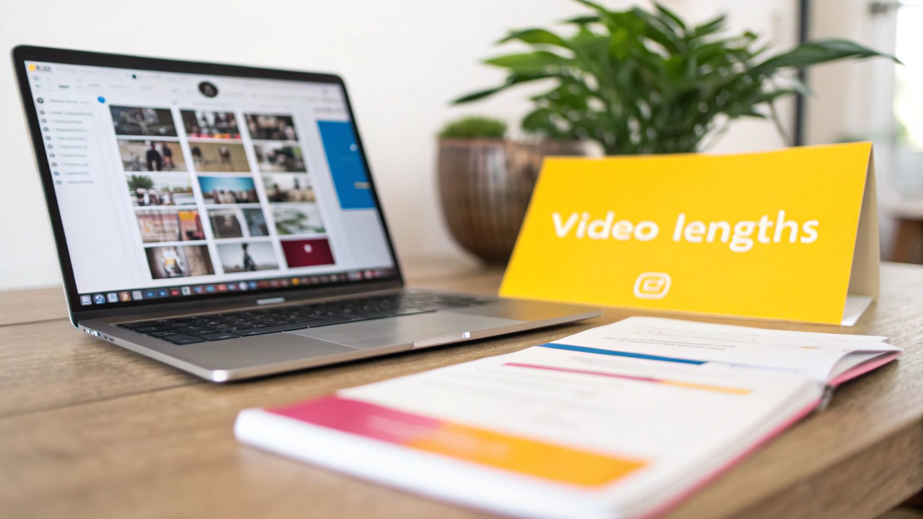 Yellow card displaying video lengths text on desk with laptop showing Instagram content gallery