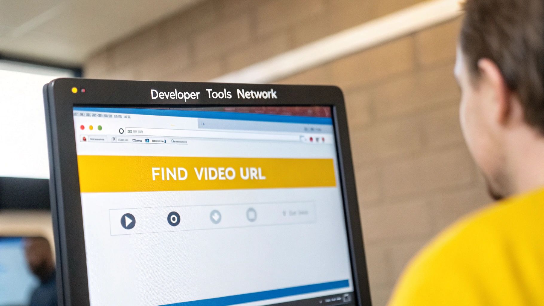 A person views a computer screen displaying a 'Developer Tools Network' website with 'FIND VIDEO URL' text.