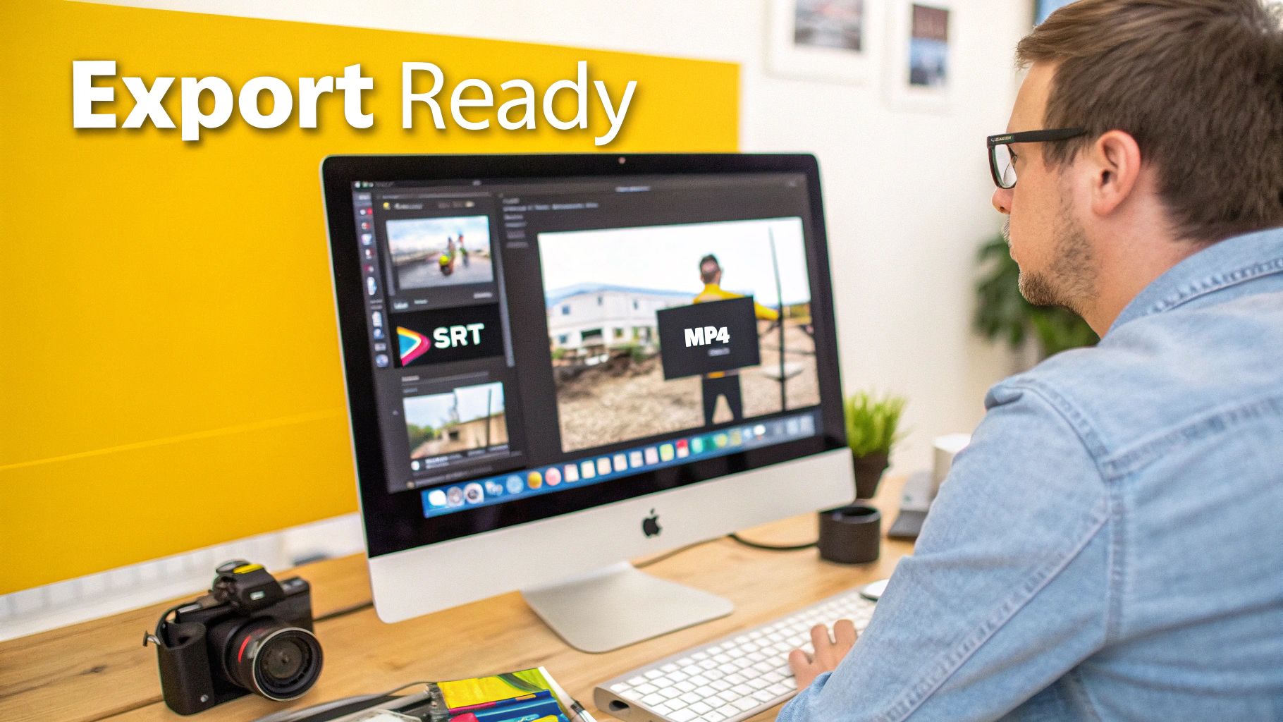 A man in glasses works on an Apple iMac, editing video files like SRT and MP4 for export.