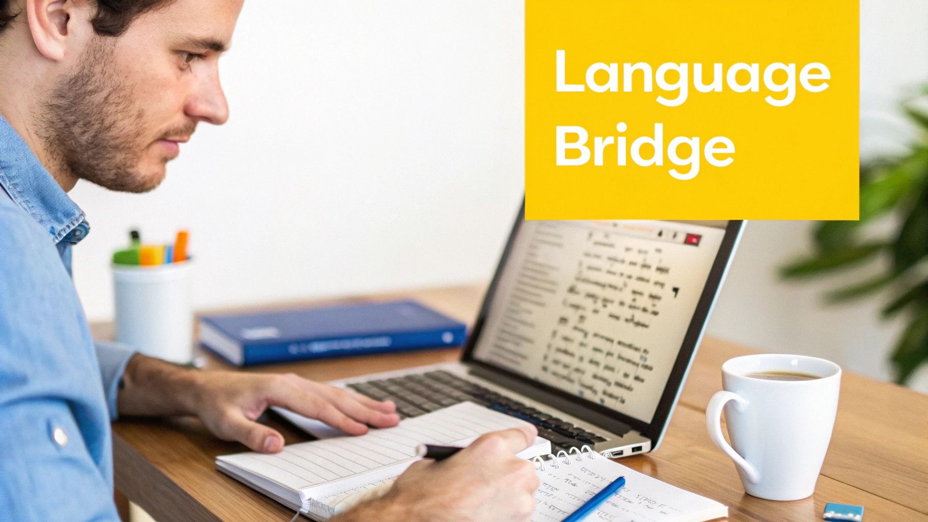 A man focused on a laptop screen and writing in a notebook, with 'Language Bridge' text overlay.