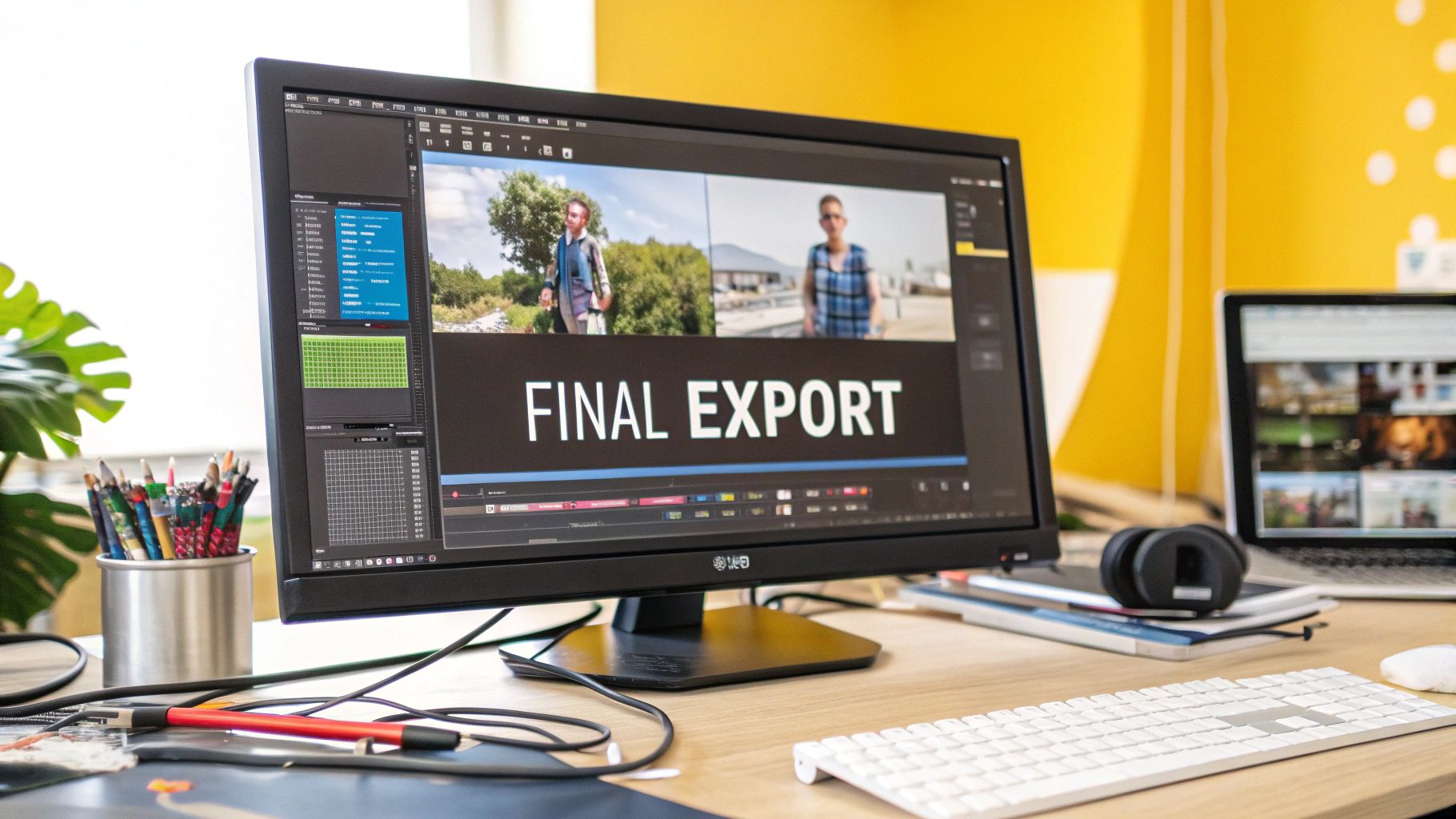 A desk with a monitor displaying video editing software, a laptop, headphones, and supplies.