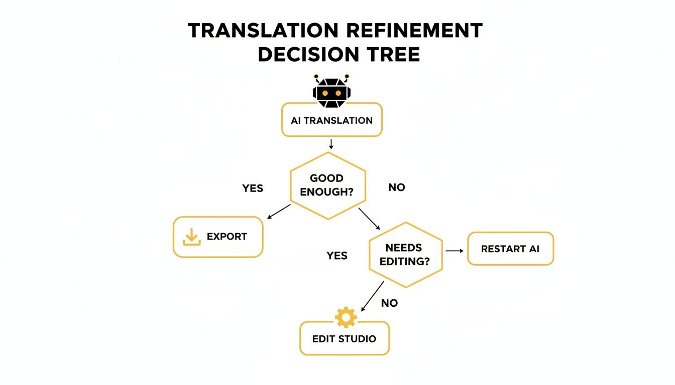 A flowchart titled 'Translation Refinement Decision Tree' illustrating the process of refining AI translations.