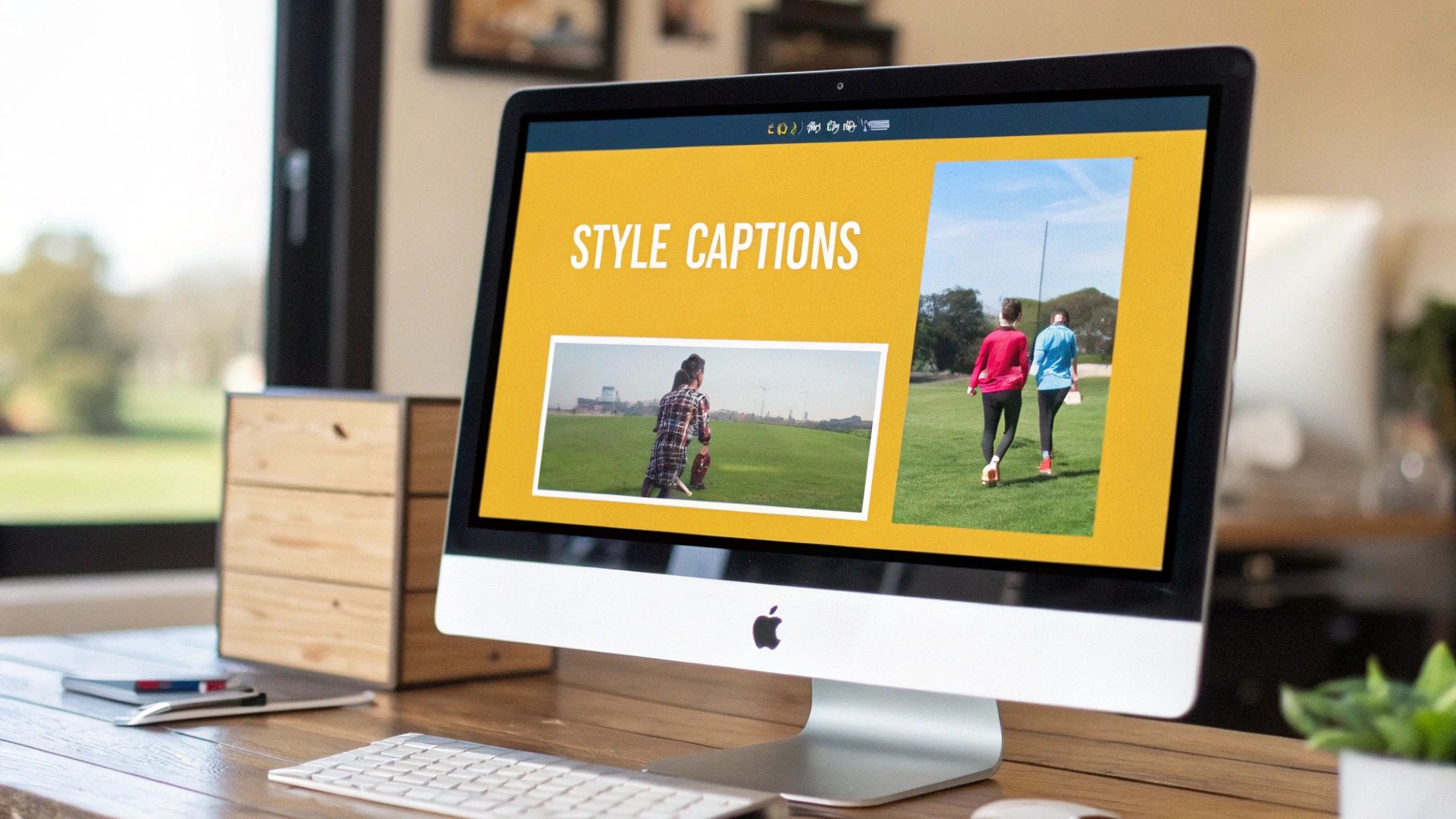 An Apple iMac computer screen displays a 'STYLE CAPTIONS' presentation with images of people in a field.