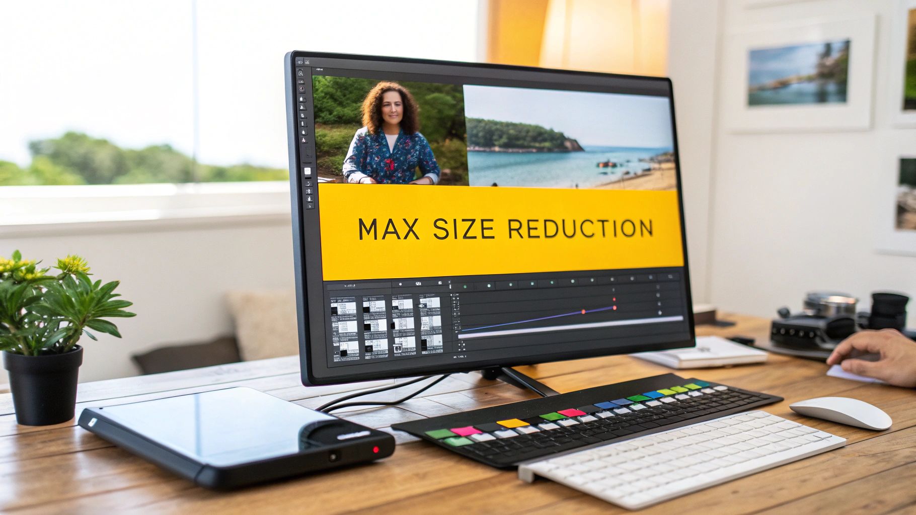 Video editing software displaying file size reduction banner on desktop monitor with professional workspace setup