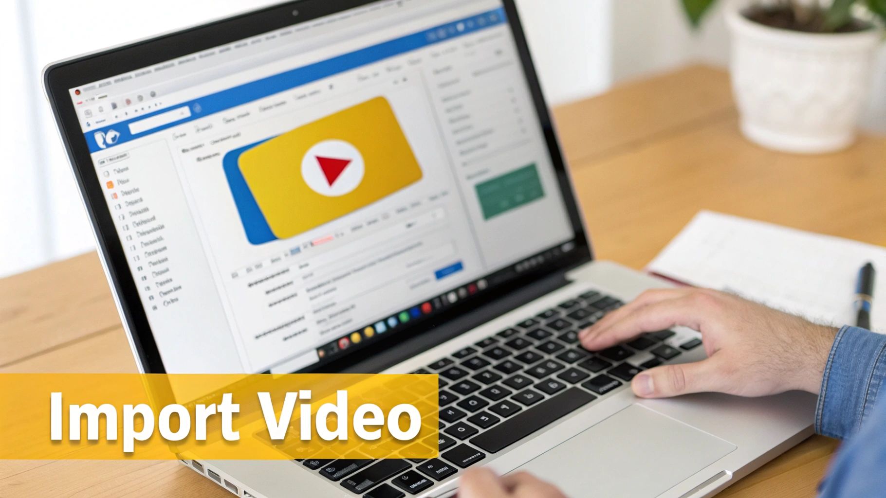 A person uses a laptop to import video files, with a play button icon on the screen.