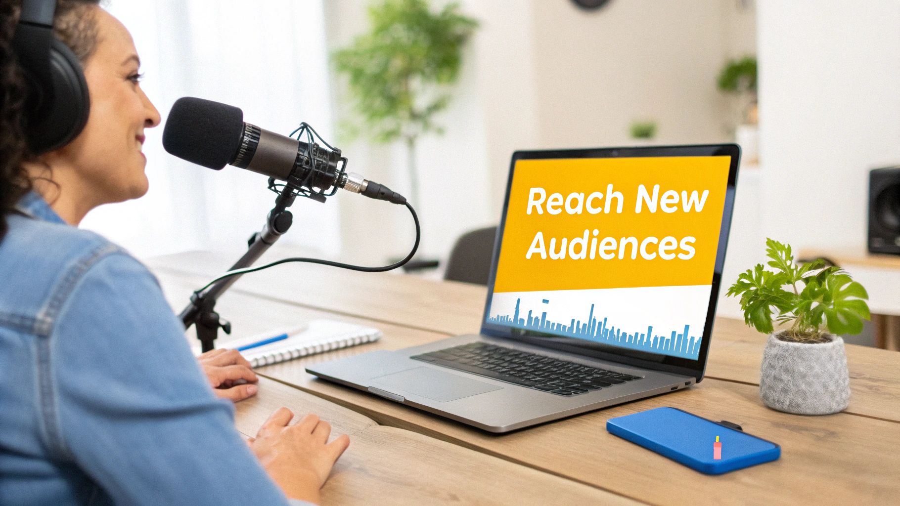 A woman wearing headphones speaks into a microphone, podcasting with a laptop displaying 'Reach New Audiences'.