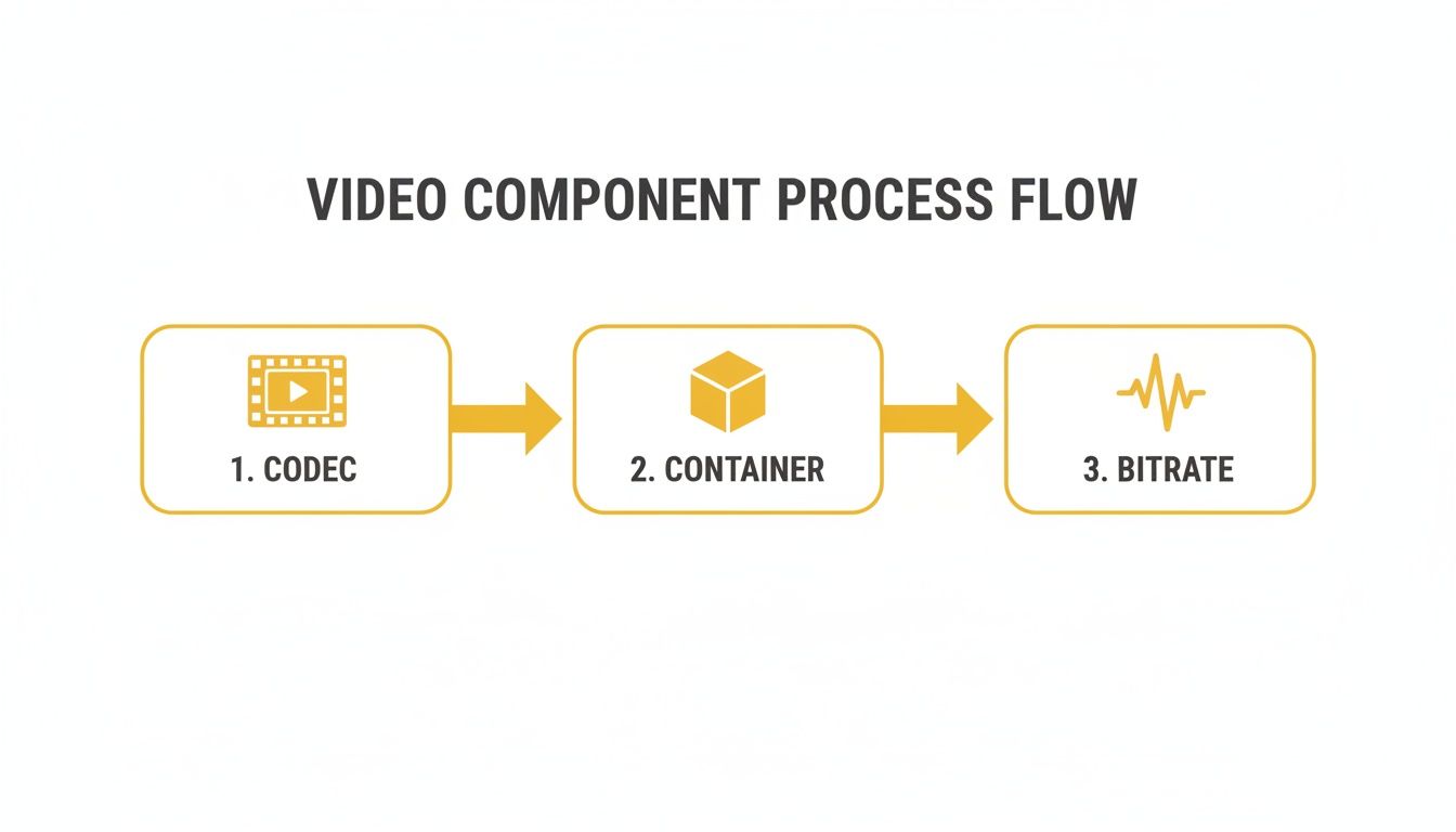 Flowchart illustrating the video component process flow: CODEC, CONTAINER, and BITRATE, with descriptive icons.