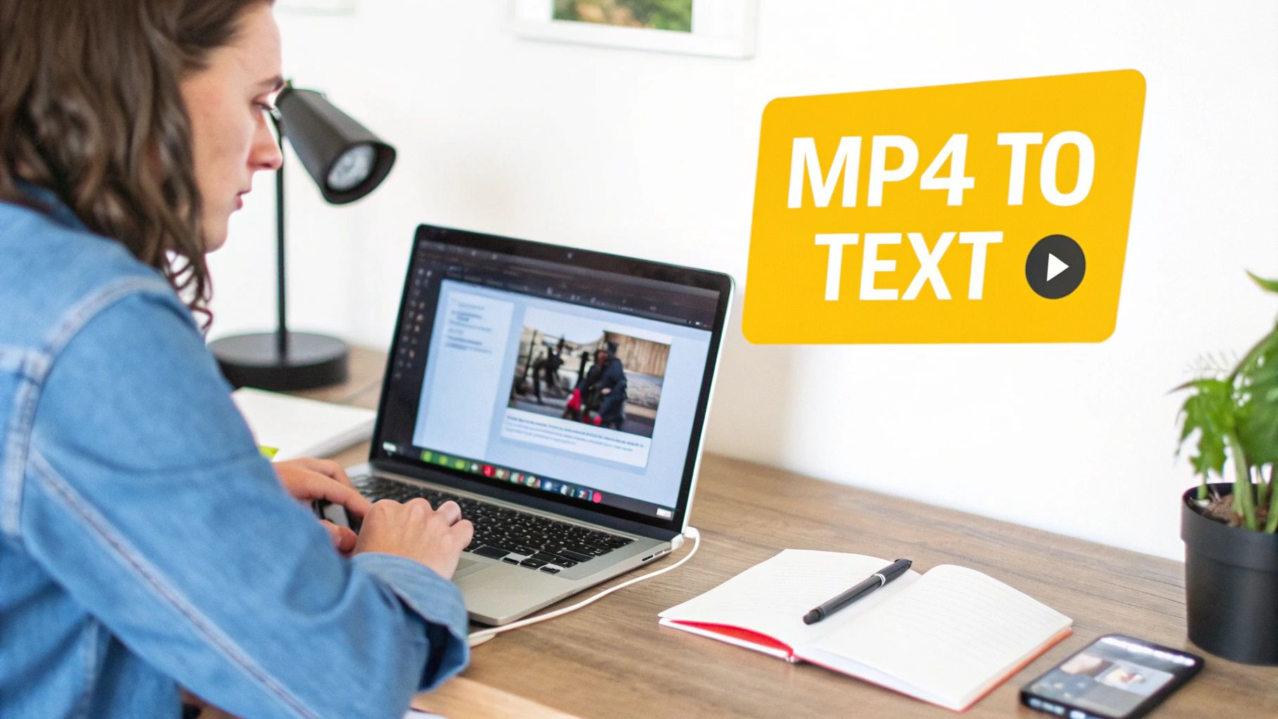 Woman typing on a laptop with an 'MP4 TO TEXT' banner on the wall in a home office.