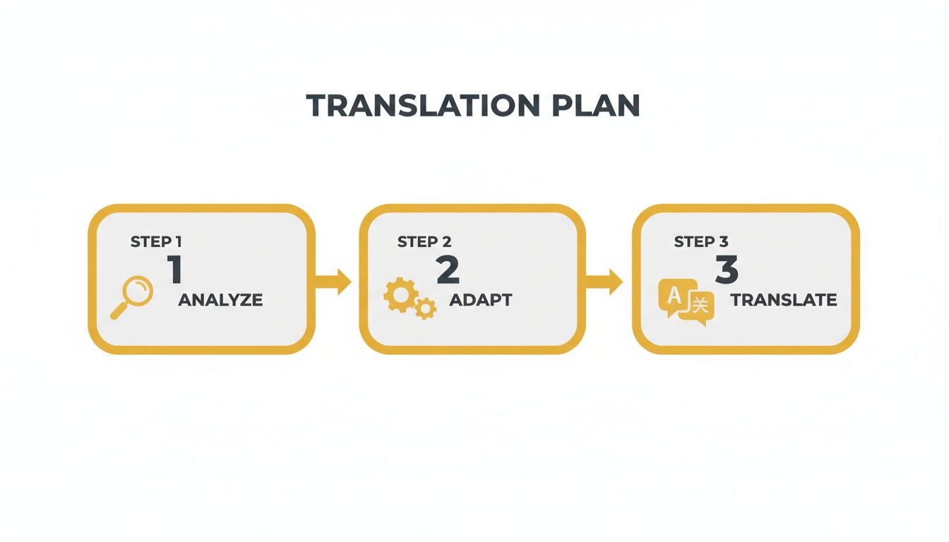 Flowchart detailing a three-step translation plan: analyze, adapt, and translate for language services.