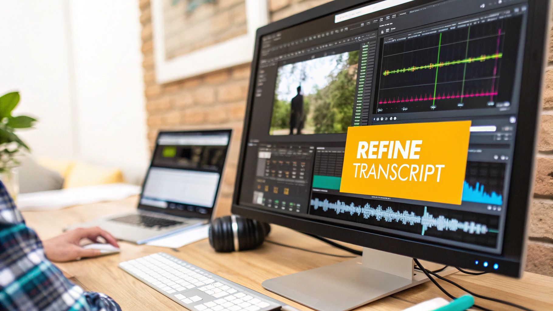 A person editing video and audio on a large monitor with a 'REFINE TRANSCRIPT' overlay.