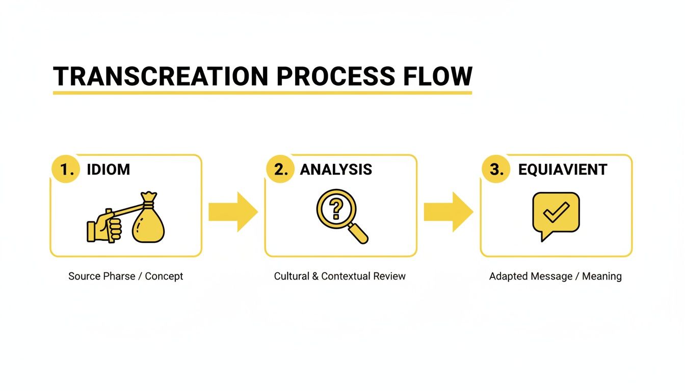 A transcreation process flow diagram illustrating three steps: idiom (source), analysis (review), and equivalent (adapted message).