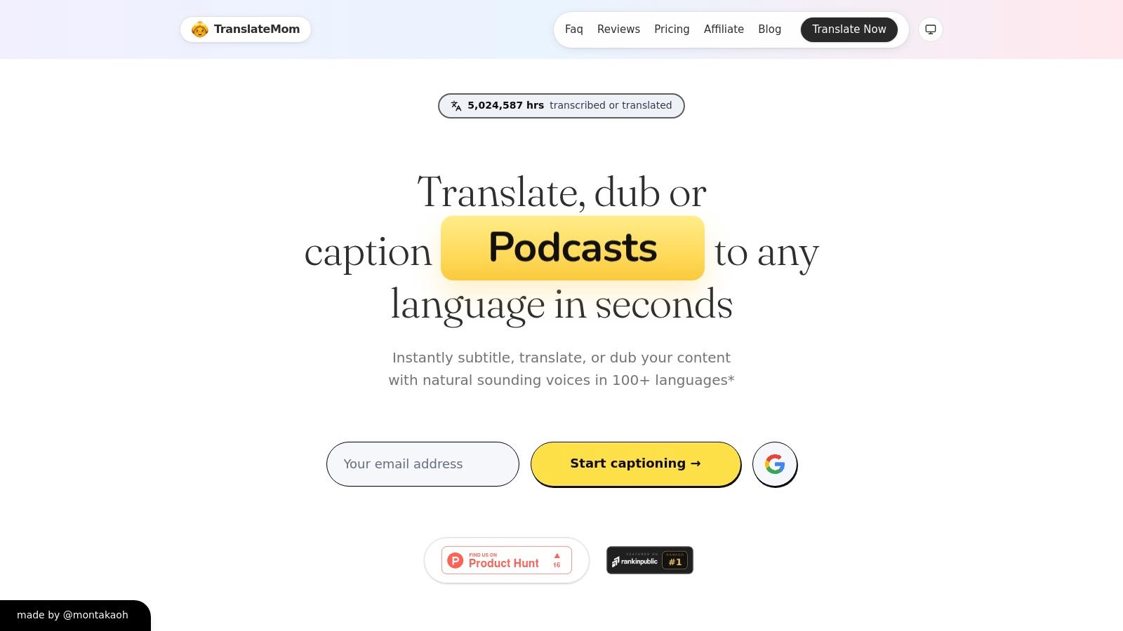 TranslateMom’s user interface showcasing its video transcription and localization features.